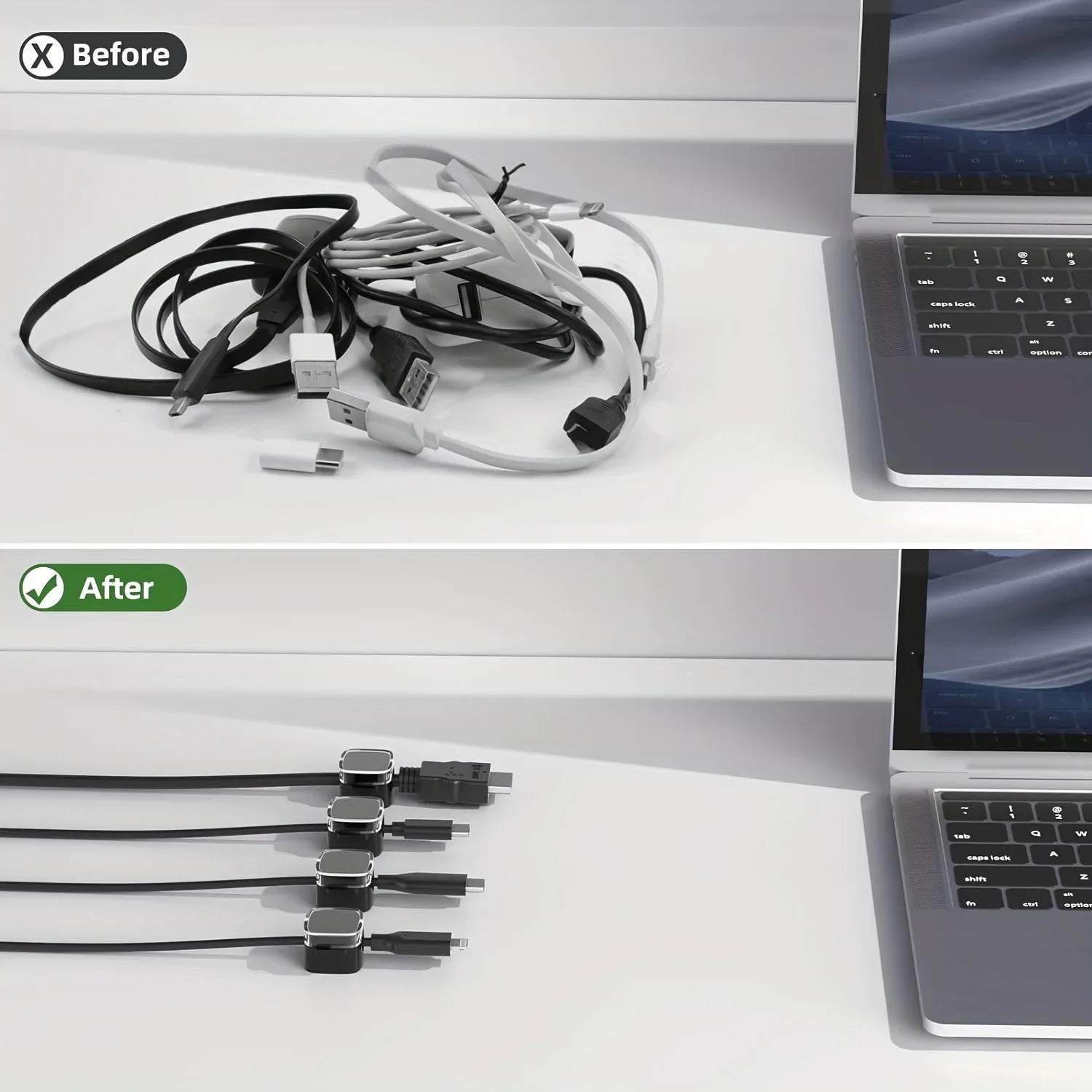 VIKEFON 6 clips magnéticos para gestión de cables, organizador de cables multicolor, ganchos para escritorio y pared para datos de teléfono y cargador