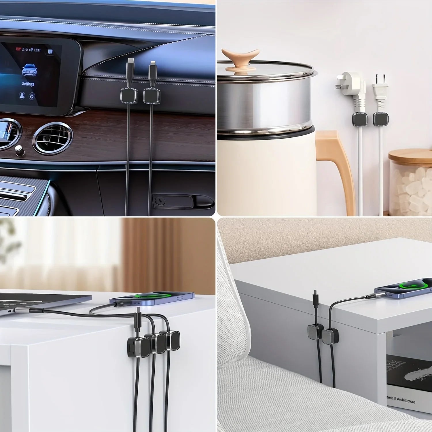 VIKEFON 6 clips magnéticos para gestión de cables, organizador de cables multicolor, ganchos para escritorio y pared para datos de teléfono y cargador