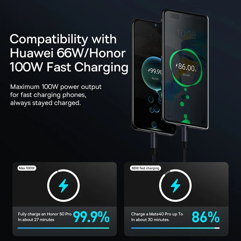 Cable Baseus USB tipo C de 66W/100W para Huawei P50 P40 Pro Honor Super Charge 6A, Cable de datos de carga rápida USB C
