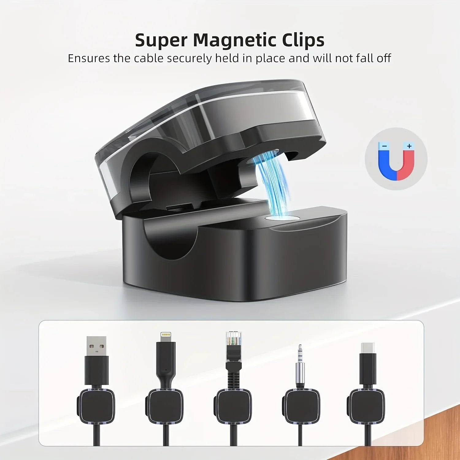 VIKEFON 6 clips magnéticos para gestión de cables, organizador de cables multicolor, ganchos para escritorio y pared para datos de teléfono y cargador
