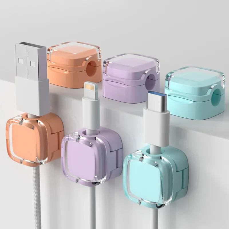 VIKEFON 6 clips magnéticos para gestión de cables, organizador de cables multicolor, ganchos para escritorio y pared para datos de teléfono y cargador