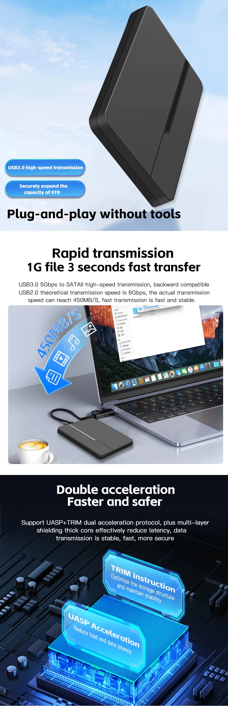 Caja ssd Rouhong, carcasa de disco duro externo de 2,5 ", carcasa de disco duro USB 3,0 de 6TB, compatible con disco duro SATA SSD de 7mm y 9,5mm para ordenador portátil y PC