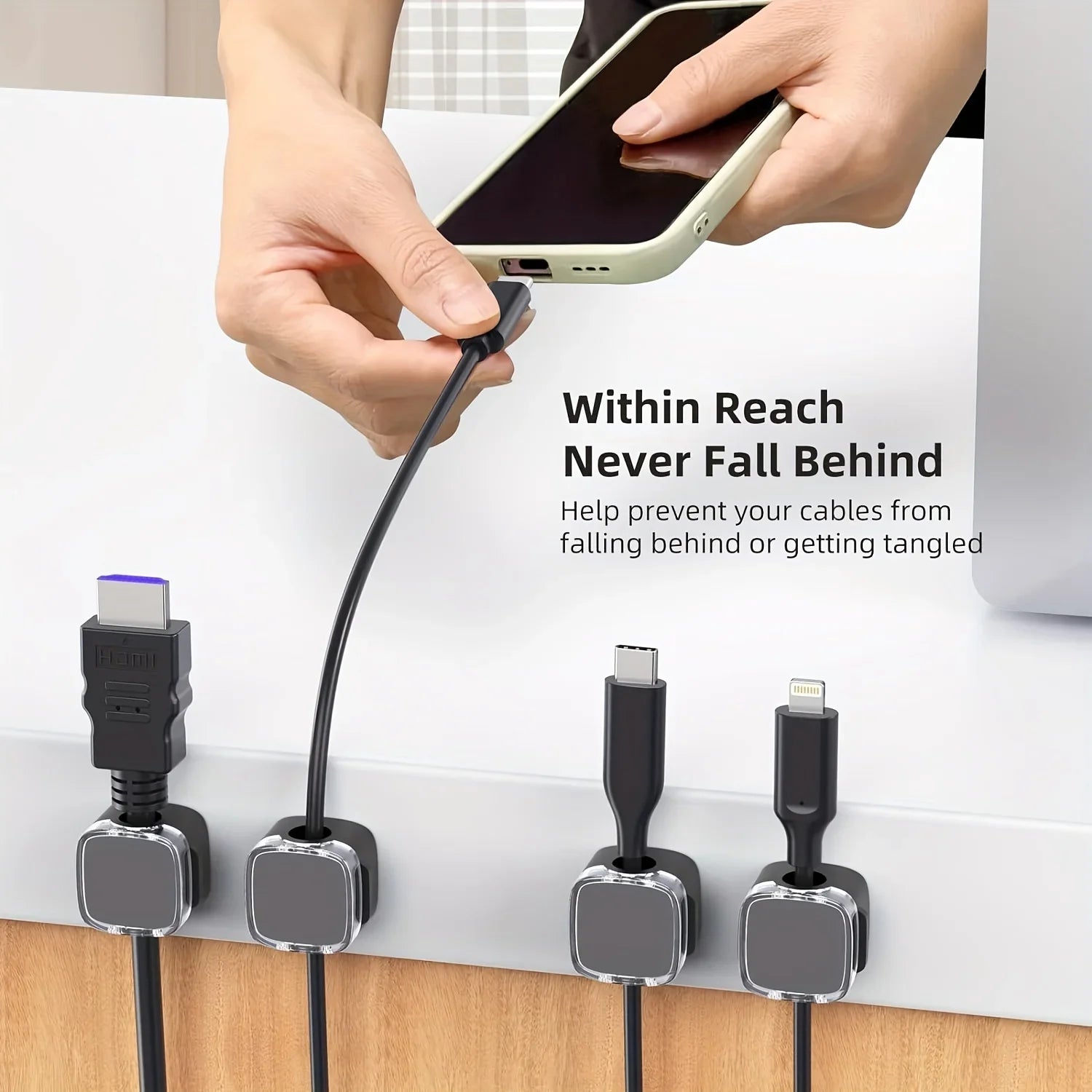 VIKEFON 6 clips magnéticos para gestión de cables, organizador de cables multicolor, ganchos para escritorio y pared para datos de teléfono y cargador