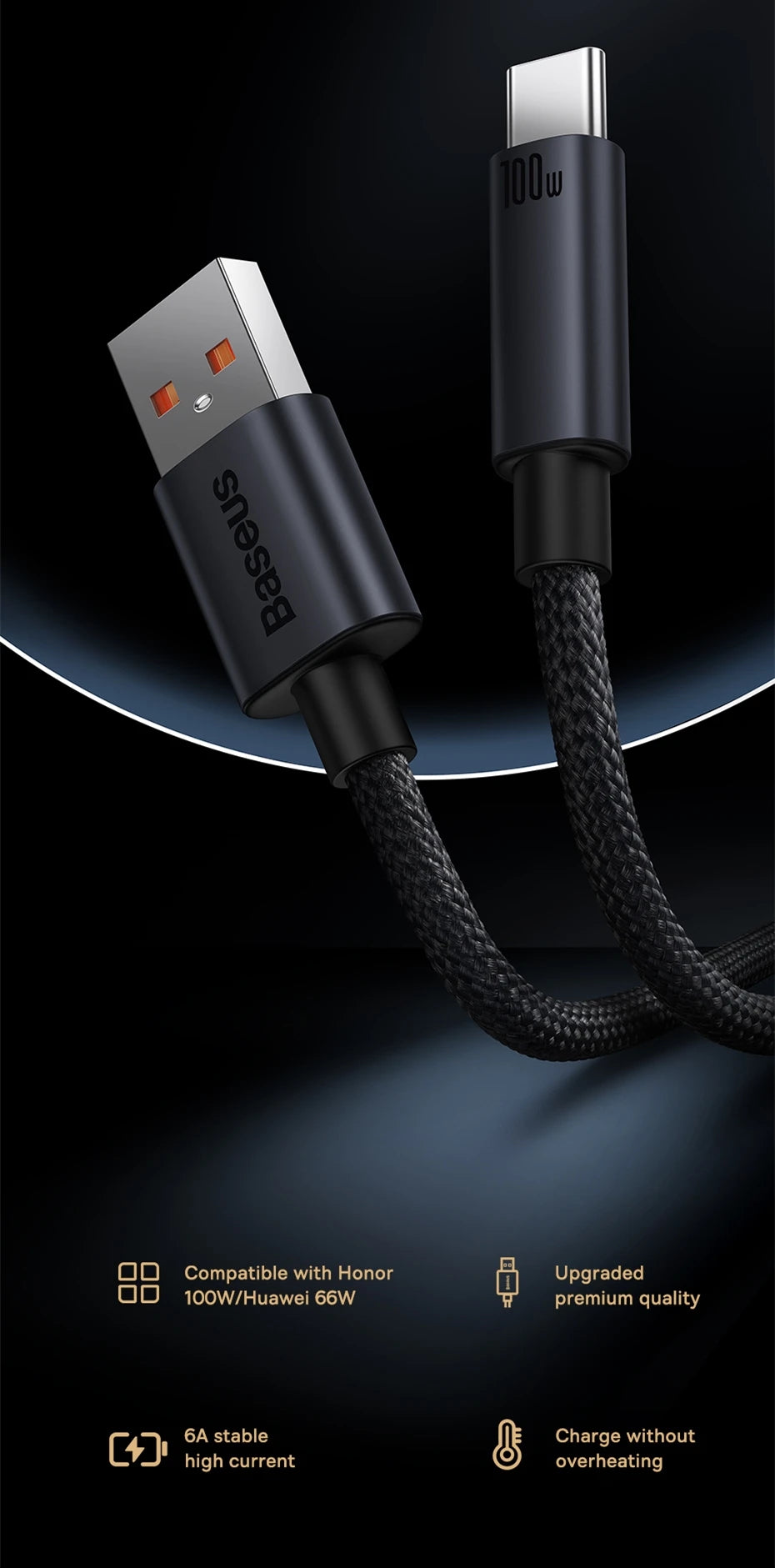 Cable Baseus USB tipo C de 66W/100W para Huawei P50 P40 Pro Honor Super Charge 6A, Cable de datos de carga rápida USB C