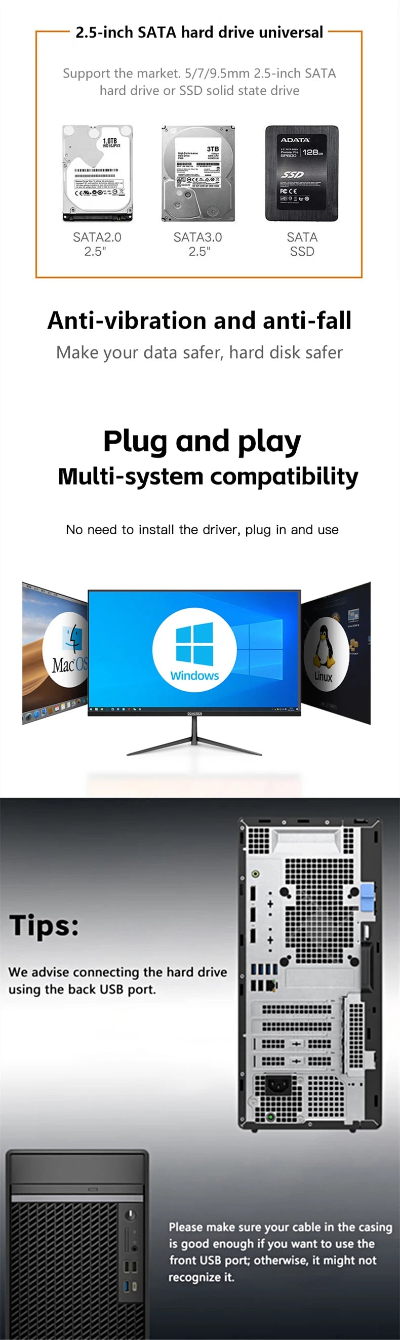 Caja ssd Rouhong, carcasa de disco duro externo de 2,5 ", carcasa de disco duro USB 3,0 de 6TB, compatible con disco duro SATA SSD de 7mm y 9,5mm para ordenador portátil y PC